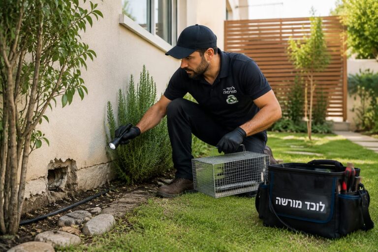 לוכד מקצועי מבצע בדיקה בחצר לאיתור בעלי חיים ומזיקים